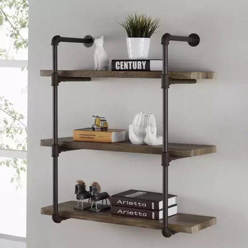 Scaffale a parete industriale a tre livelli con tubi, 35x31,5 pollici – Legno naturale, struttura in metallo, capacità di 90 libbre
