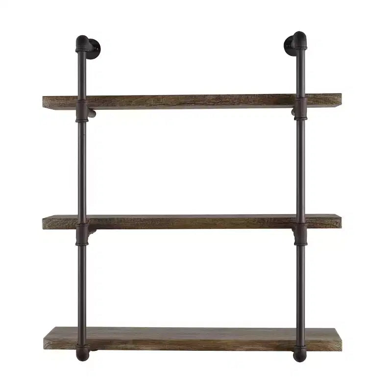Scaffale a parete industriale a tre livelli con tubi, 35x31,5 pollici – Legno naturale, struttura in metallo, capacità di 90 libbre