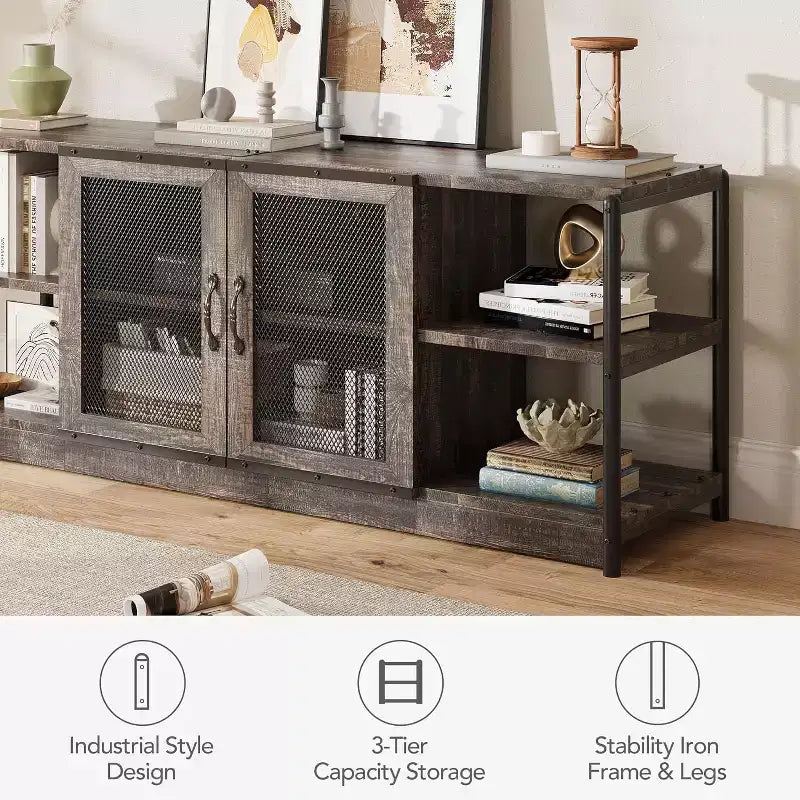 Mobile TV, Centro di intrattenimento con mobiletto contenitore e ante a rete, Tavolo console multimediale per TV