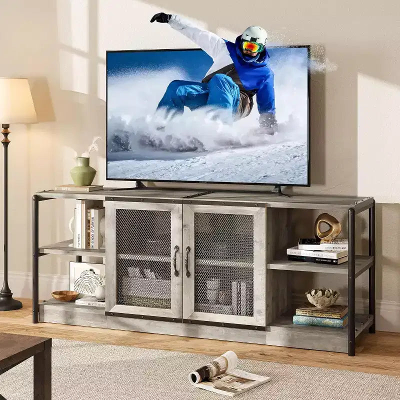 Mobile TV, Centro di intrattenimento con mobiletto contenitore e ante a rete, Tavolo console multimediale per TV