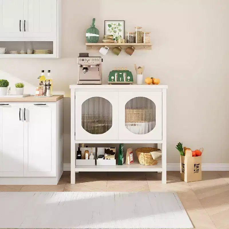 Mobile bar moderno con ante in vetro cannettato e ripiano aperto, credenza a buffet e consolle per ingresso, cucina, sala da pranzo, soggiorno