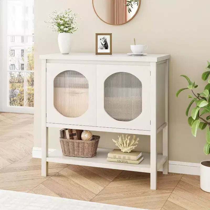 Mobile bar moderno con ante in vetro cannettato e ripiano aperto, credenza a buffet e consolle per ingresso, cucina, sala da pranzo, soggiorno