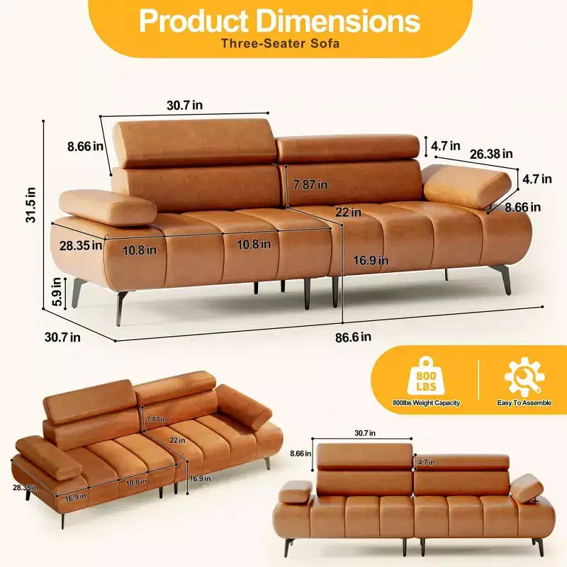 Divano-Letto Futon in Similpelle 86, Divanetto Convertibile a 3 Posti con Schienale Regolabile e Poggiatesta a 6 Posizioni, per Soggiorno