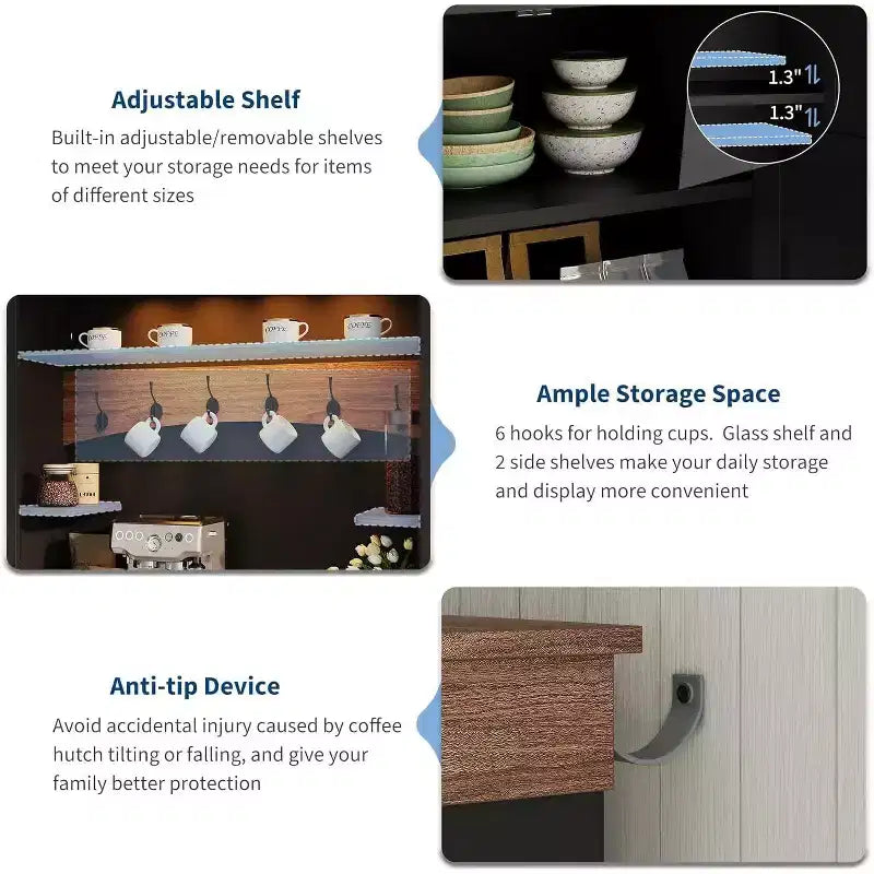 Mobile bar da caffè in stile rustico alto 72 pollici con luci LED, credenza da cucina con ante e cassetti, ripiani regolabili, ampio spazio di archiviazione