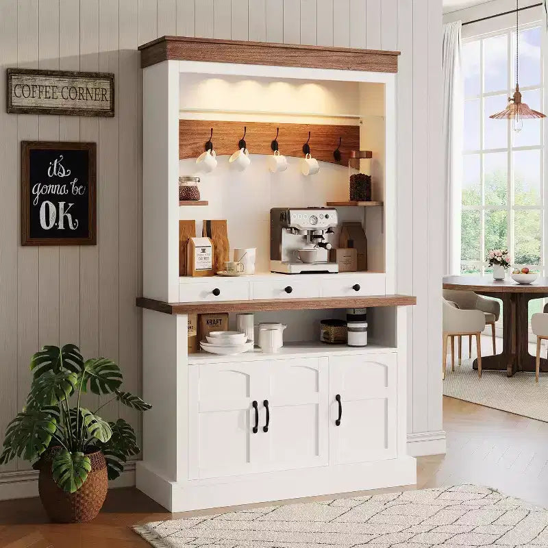 Mobile bar da caffè in stile rustico alto 72 pollici con luci LED, credenza da cucina con ante e cassetti, ripiani regolabili, ampio spazio di archiviazione
