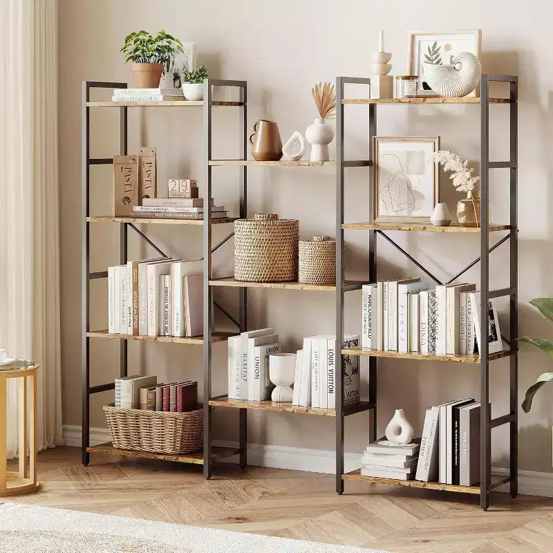 Libreria industriale a 4 ripiani a tripla colonna – 11 ripiani aperti, grande capacità, marrone