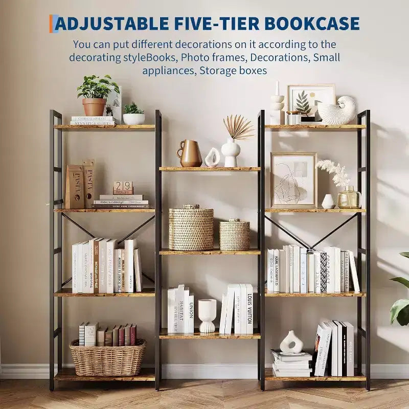 Libreria industriale a 4 ripiani a tripla colonna – 11 ripiani aperti, grande capacità, marrone