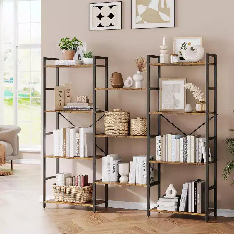 Libreria industriale a 4 ripiani a tripla colonna – 11 ripiani aperti, grande capacità, marrone