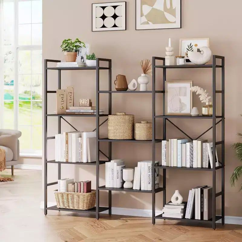 Libreria industriale a 4 ripiani a tripla colonna – 11 ripiani aperti, grande capacità, marrone