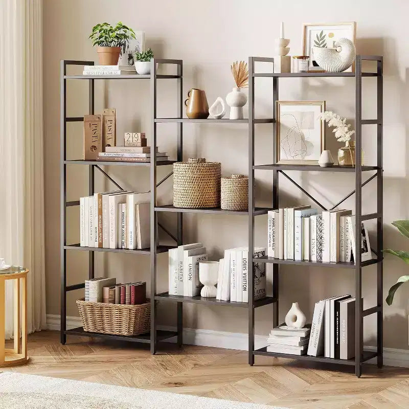 Libreria industriale a 4 ripiani a tripla colonna – 11 ripiani aperti, grande capacità, marrone