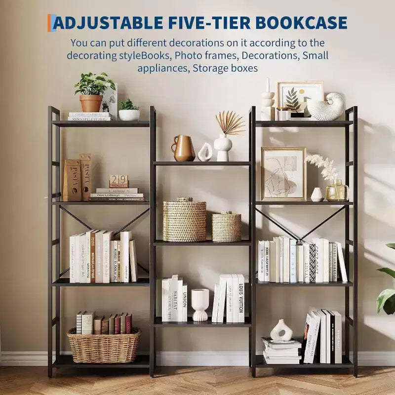 Libreria industriale a 4 ripiani a tripla colonna – 11 ripiani aperti, grande capacità, marrone