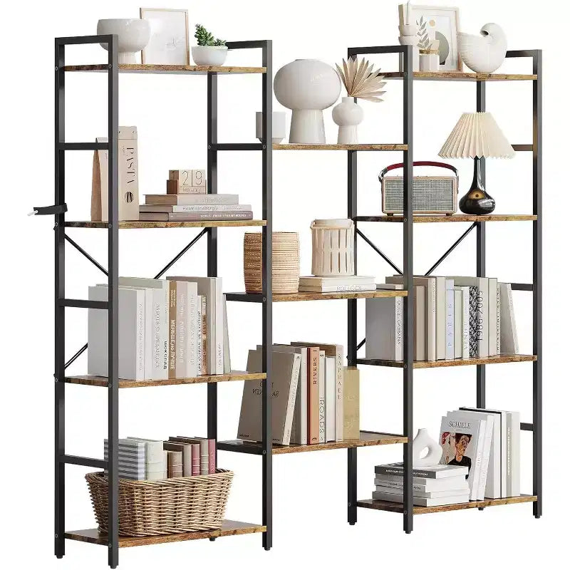 Libreria industriale a 4 ripiani a tripla colonna – 11 ripiani aperti, grande capacità, marrone