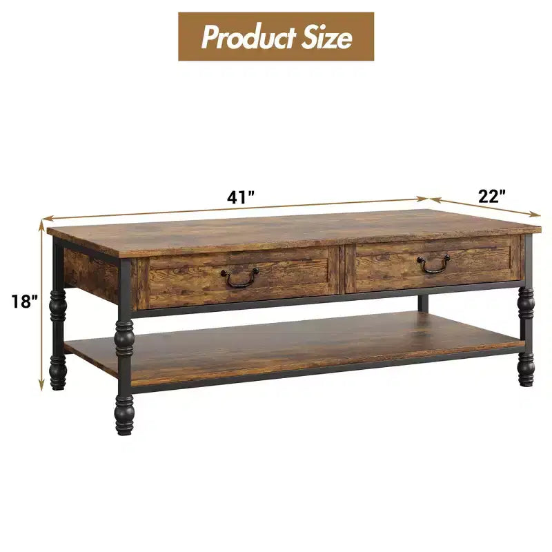 Tavolino da Salotto Moderno di Metà Secolo con 2 Cassetti e Ripiano Portaoggetti, 104 cm – Marrone Rustico