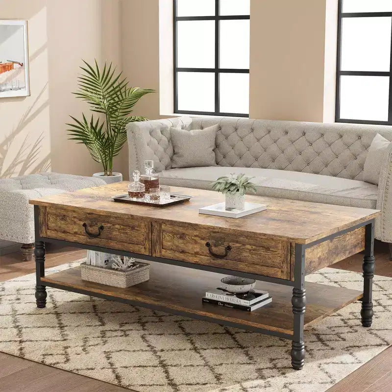 Tavolino da Salotto Moderno di Metà Secolo con 2 Cassetti e Ripiano Portaoggetti, 104 cm – Marrone Rustico