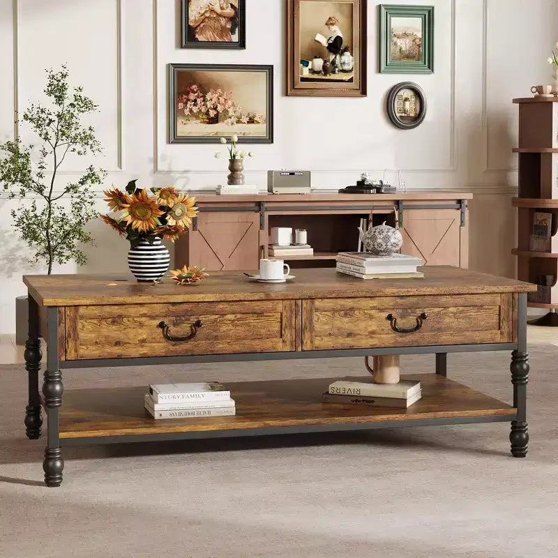 Tavolino da Salotto Moderno di Metà Secolo con 2 Cassetti e Ripiano Portaoggetti, 104 cm – Marrone Rustico