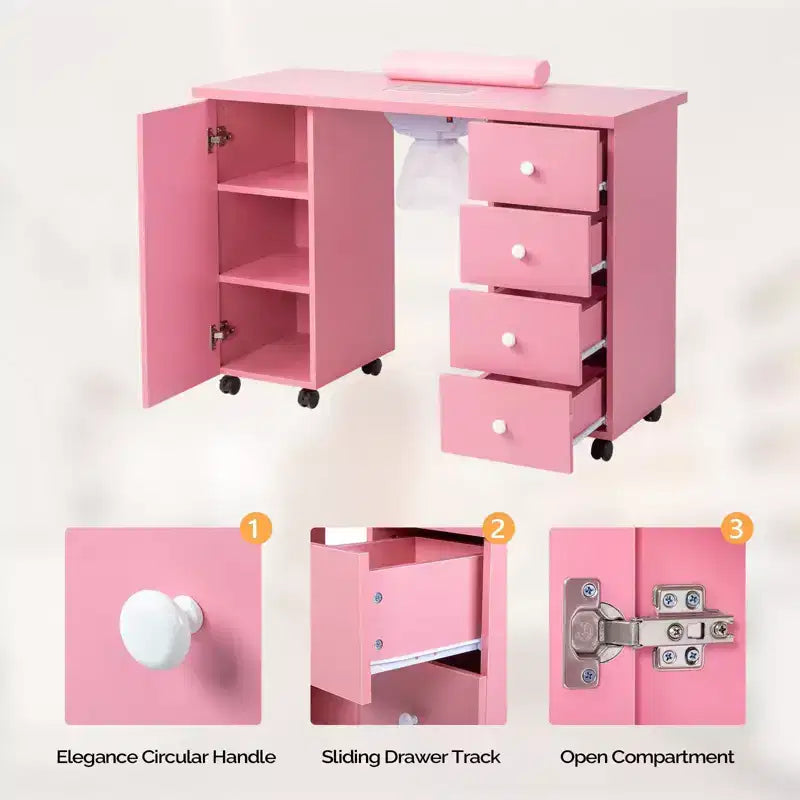 Scrivania da manicure con 4 cassetti in MDF bianco da 42,5 pollici con armadietto, ante e raccoglipolvere elettrico