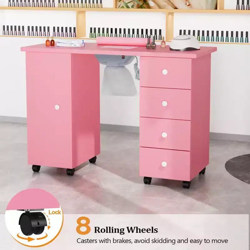 Scrivania da manicure con 4 cassetti in MDF bianco da 42,5 pollici con armadietto, ante e raccoglipolvere elettrico