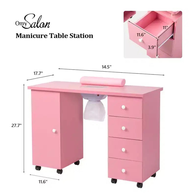 Scrivania da manicure con 4 cassetti in MDF bianco da 42,5 pollici con armadietto, ante e raccoglipolvere elettrico