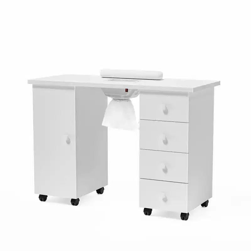 Scrivania da manicure con 4 cassetti in MDF bianco da 42,5 pollici con armadietto, ante e raccoglipolvere elettrico