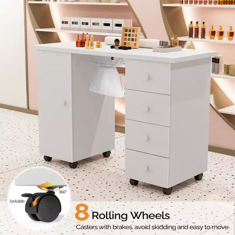 Scrivania da manicure con 4 cassetti in MDF bianco da 42,5 pollici con armadietto, ante e raccoglipolvere elettrico