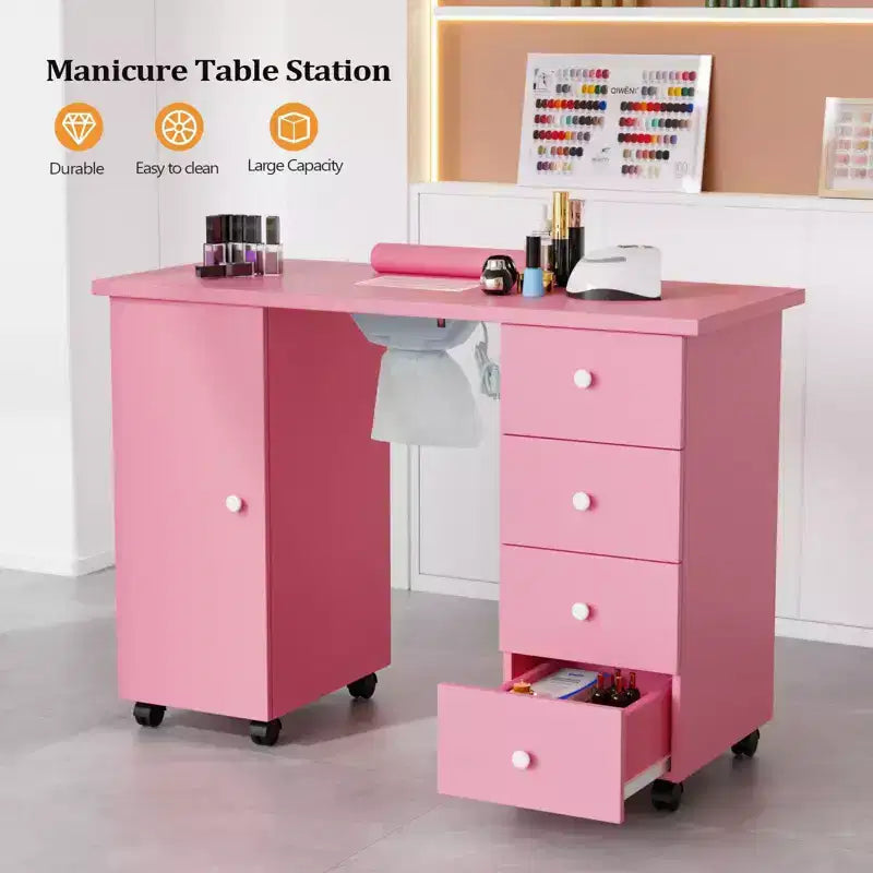 Scrivania da manicure con 4 cassetti in MDF bianco da 42,5 pollici con armadietto, ante e raccoglipolvere elettrico