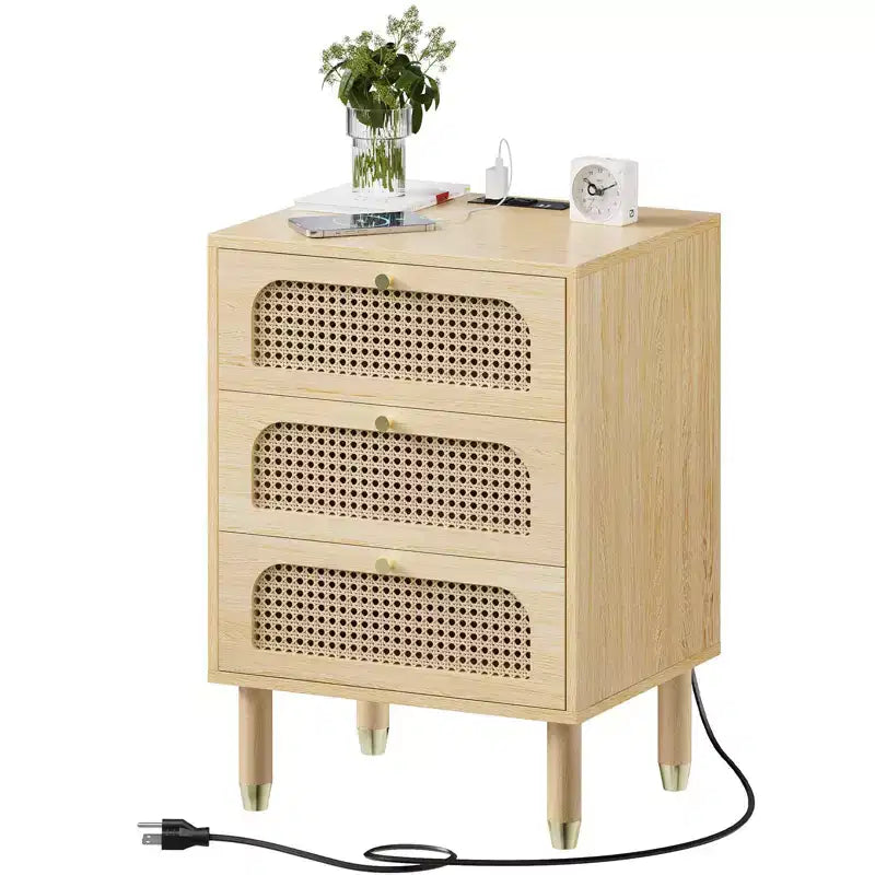 Comodino a 3 cassetti in MDF naturale largo 48 cm – Tavolino portaoggetti da camera da letto
