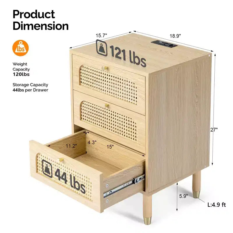 Comodino a 3 cassetti in MDF naturale largo 48 cm – Tavolino portaoggetti da camera da letto