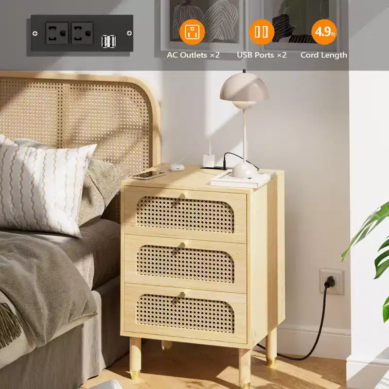Comodino a 3 cassetti in MDF naturale largo 48 cm – Tavolino portaoggetti da camera da letto