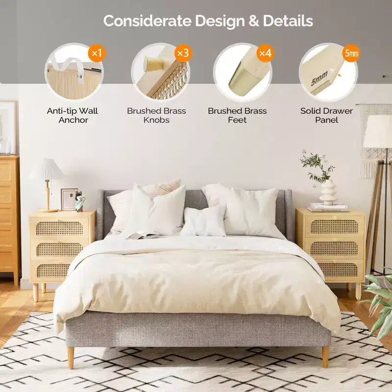 Comodino a 3 cassetti in MDF naturale largo 48 cm – Tavolino portaoggetti da camera da letto