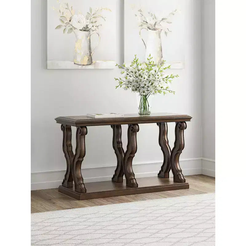 Tavolo Consolide Marrone Scuro con Gambe a Voluta – Legno Duro con Impiallacciature in Rovere e Frassino