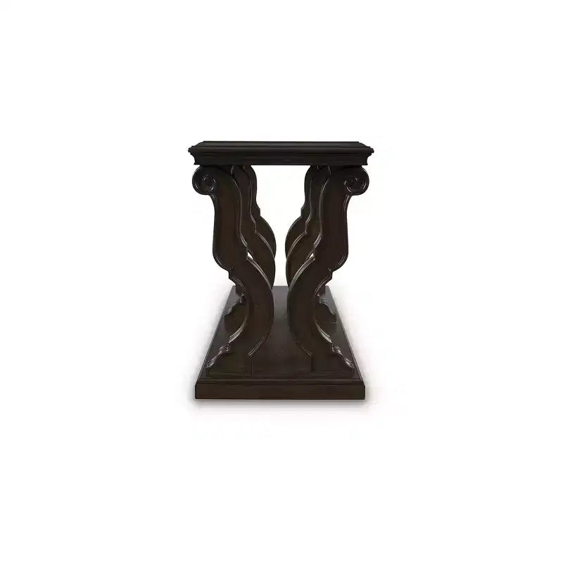 Tavolo Consolide Marrone Scuro con Gambe a Voluta – Legno Duro con Impiallacciature in Rovere e Frassino