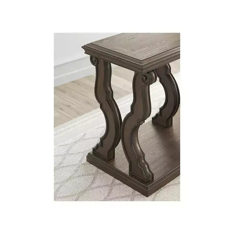 Tavolo Consolide Marrone Scuro con Gambe a Voluta – Legno Duro con Impiallacciature in Rovere e Frassino