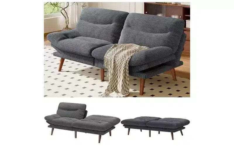 Futon Sofa Bed, Vintage Couch with 5-position Adjustable Backrest & Armrests, Futon Corduroy Couch for Efficient Home, Living Room or Office, Grey