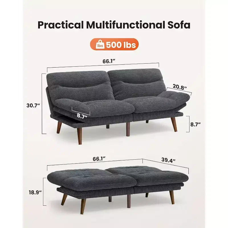 Divano letto futon, divano vintage con schienale e braccioli regolabili in 5 posizioni, divano futon in velluto a coste per casa, soggiorno o ufficio, grigio