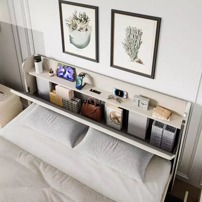 Struttura letto con testiera contenitore, 4 cassetti e stazione di ricarica, design a piattaforma imbottita in velluto, non richiede rete, supporto robusto.