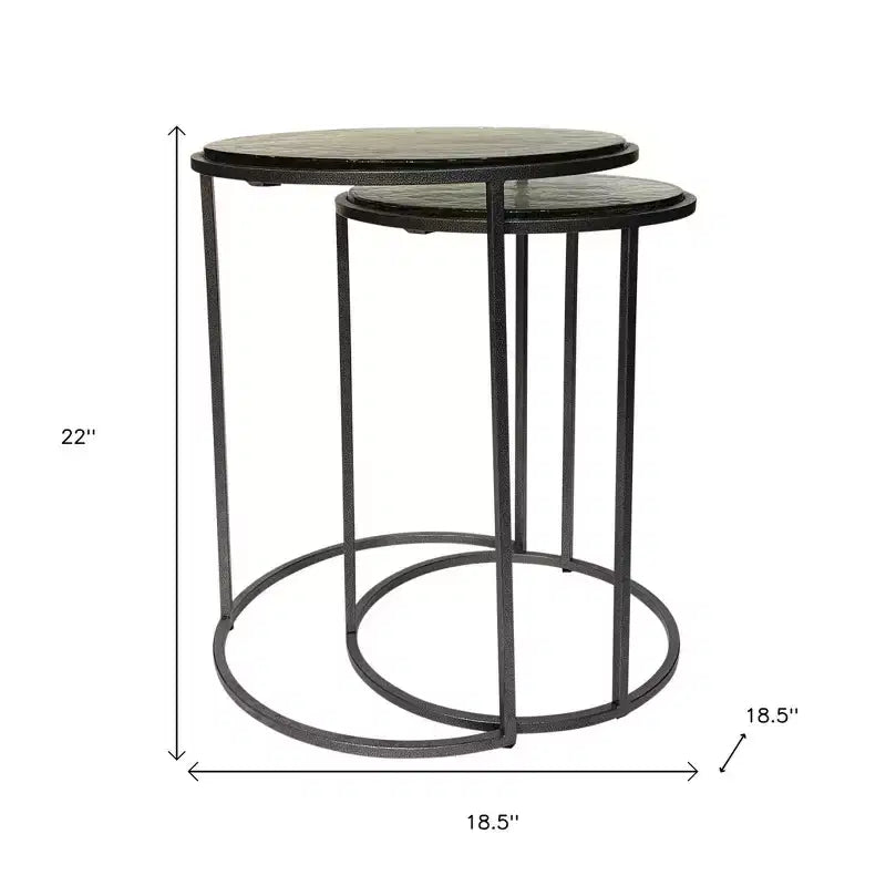 Set di 2 tavolini a incastro con struttura rotonda in vetro trasparente/gunmetal e ferro