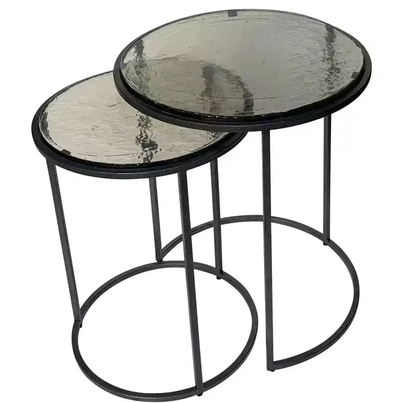 Set di 2 tavolini a incastro con struttura rotonda in vetro trasparente/gunmetal e ferro