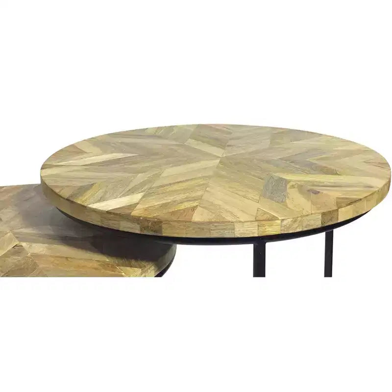 Set di 2 tavolini nidificati rotondi in legno massello naturale e nero e metallo