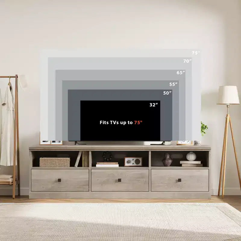 Mobile TV per TV fino a 80 pollici, Centro di intrattenimento con cassetto portaoggetti e ripiani aperti, Consolle TV per soggiorno e camera da letto