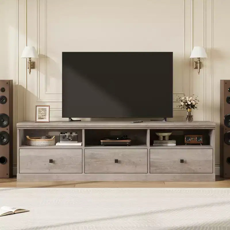 Mobile TV per TV fino a 80 pollici, Centro di intrattenimento con cassetto portaoggetti e ripiani aperti, Consolle TV per soggiorno e camera da letto