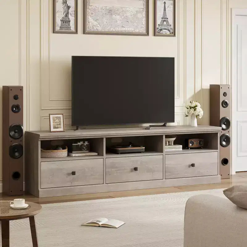 Mobile TV per TV fino a 80 pollici, Centro di intrattenimento con cassetto portaoggetti e ripiani aperti, Consolle TV per soggiorno e camera da letto
