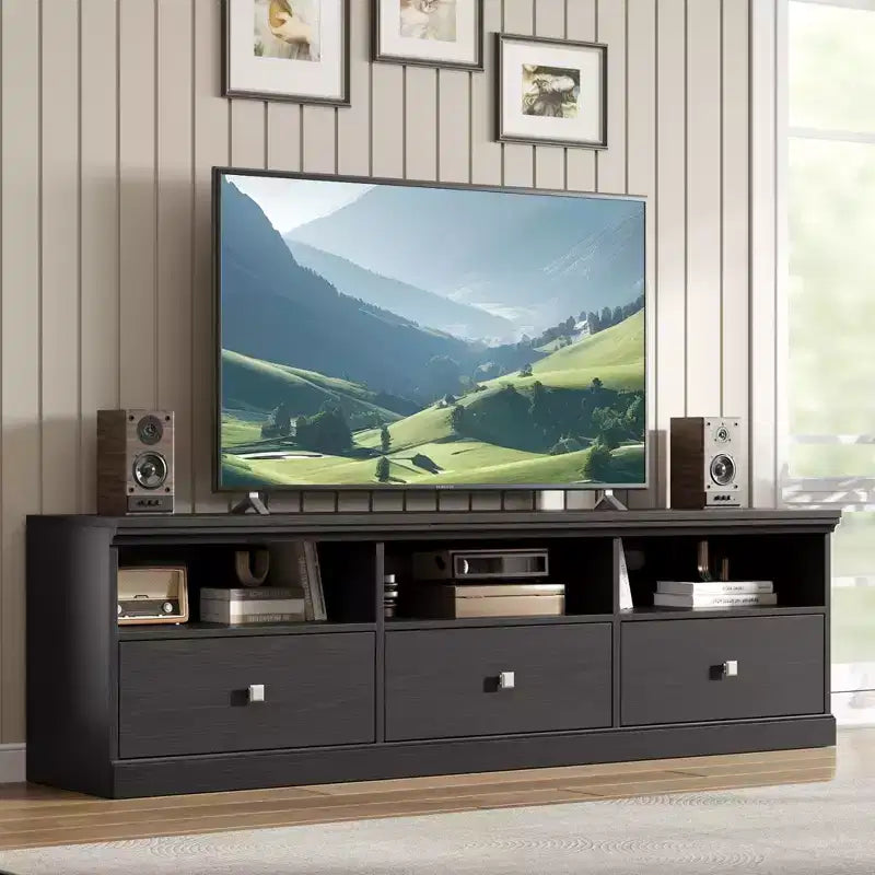 Mobile TV per TV fino a 80 pollici, Centro di intrattenimento con cassetto portaoggetti e ripiani aperti, Consolle TV per soggiorno e camera da letto