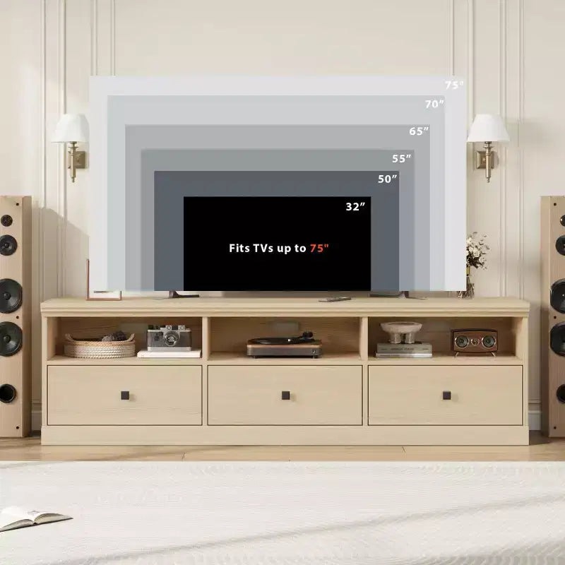 Mobile TV per TV fino a 80 pollici, Centro di intrattenimento con cassetto portaoggetti e ripiani aperti, Consolle TV per soggiorno e camera da letto