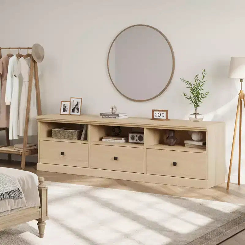 Mobile TV per TV fino a 80 pollici, Centro di intrattenimento con cassetto portaoggetti e ripiani aperti, Consolle TV per soggiorno e camera da letto