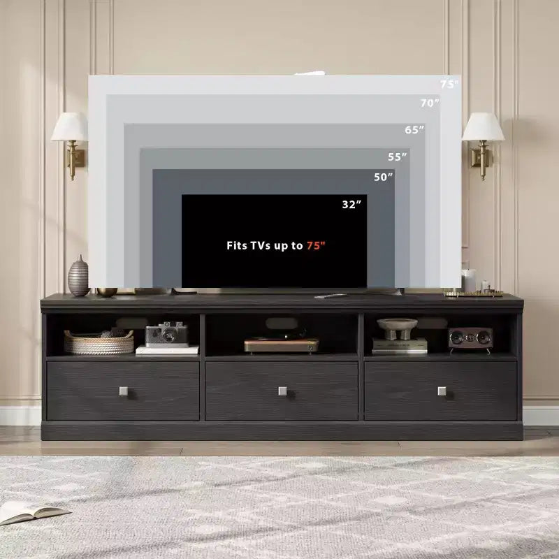 Mobile TV per TV fino a 80 pollici, Centro di intrattenimento con cassetto portaoggetti e ripiani aperti, Consolle TV per soggiorno e camera da letto