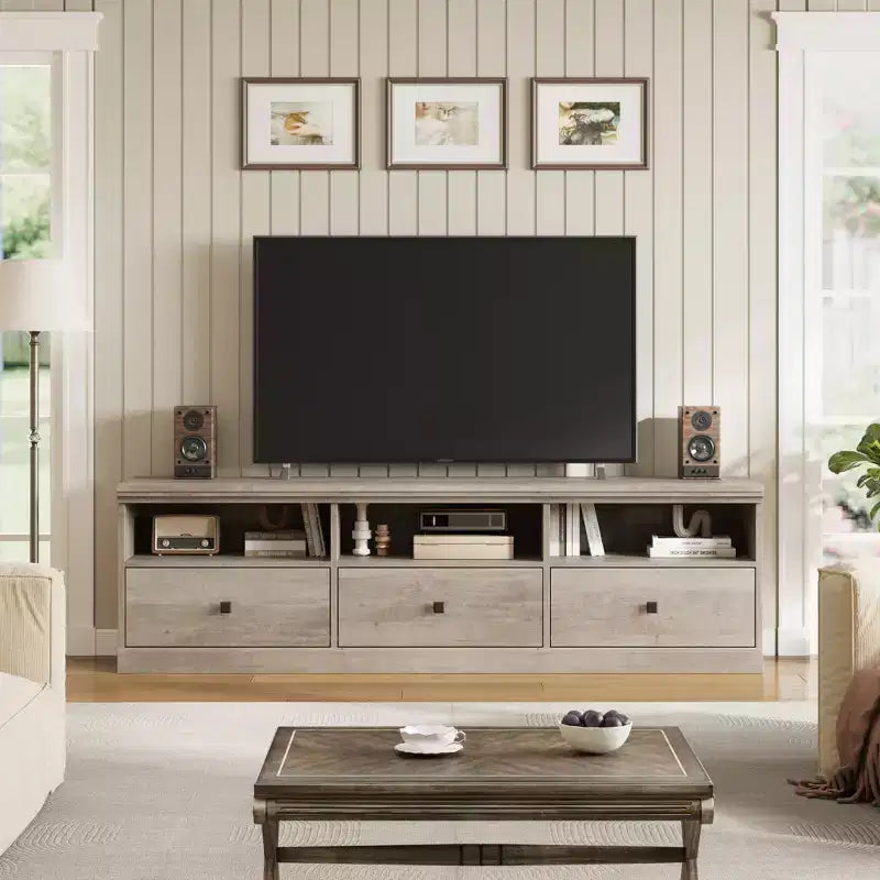 Mobile TV per TV fino a 80 pollici, Centro di intrattenimento con cassetto portaoggetti e ripiani aperti, Consolle TV per soggiorno e camera da letto