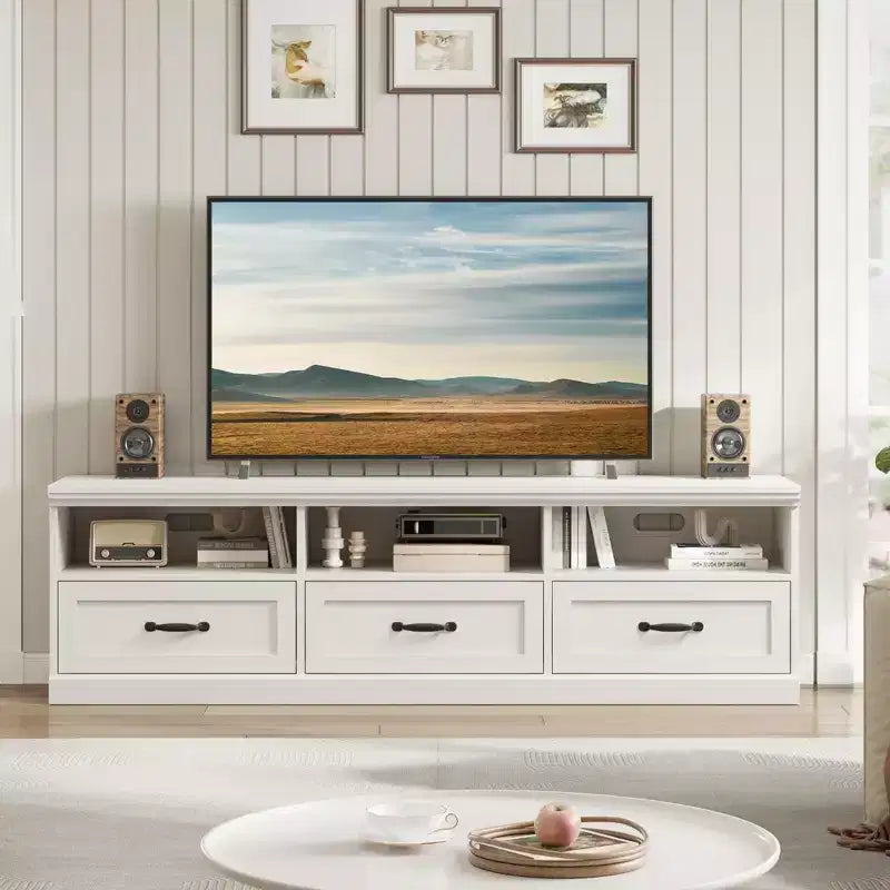 Mobile TV per TV fino a 80 pollici, Centro di intrattenimento con cassetto portaoggetti e ripiani aperti, Consolle TV per soggiorno e camera da letto