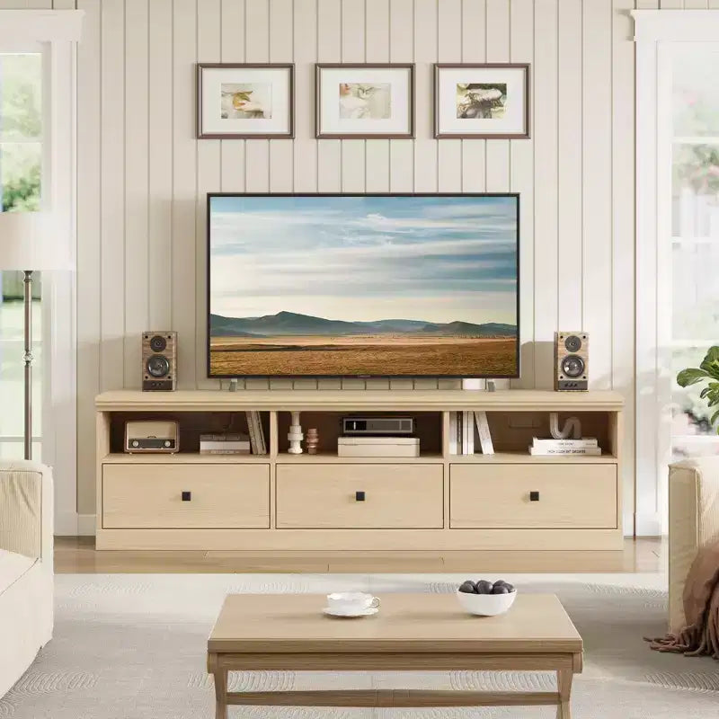 Mobile TV per TV fino a 80 pollici, Centro di intrattenimento con cassetto portaoggetti e ripiani aperti, Consolle TV per soggiorno e camera da letto