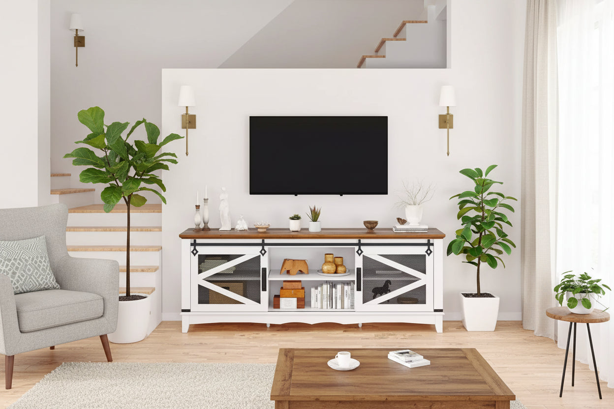 Farmhouse TV Stand for 65/70/75 Inch TV, 65 inch Entertainment Center Storage Cabinets with Sliding Barn Doors, Media Console Cabinet for Living Room