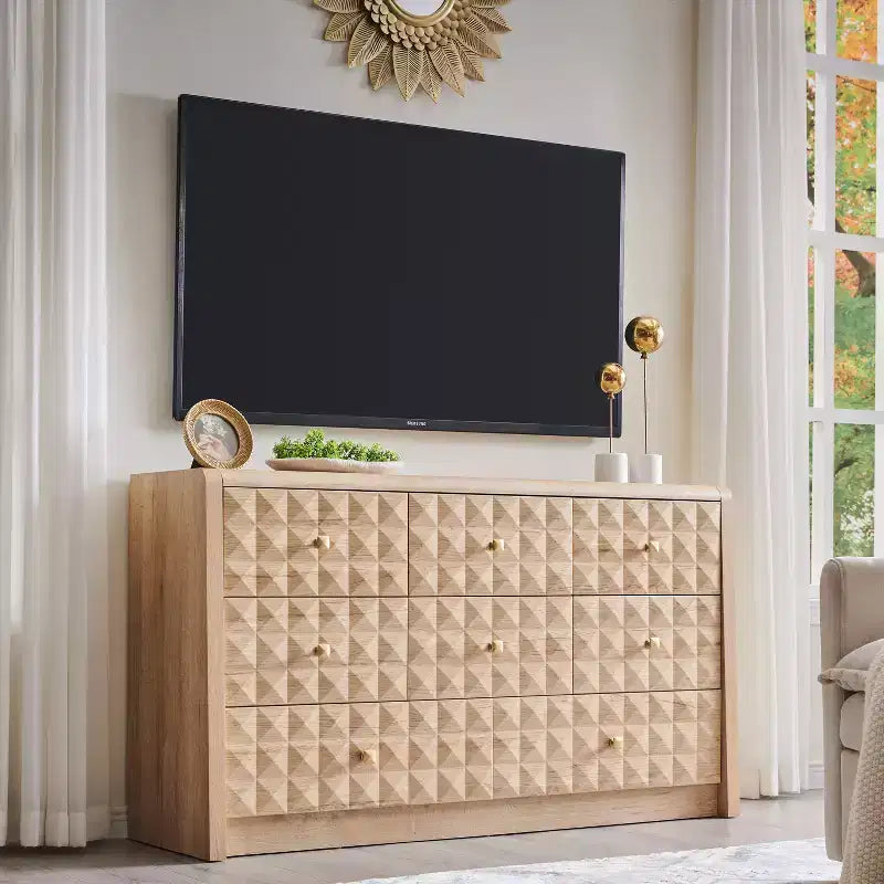 Mobile TV moderno a LED con cassetti e ripiano in vetro